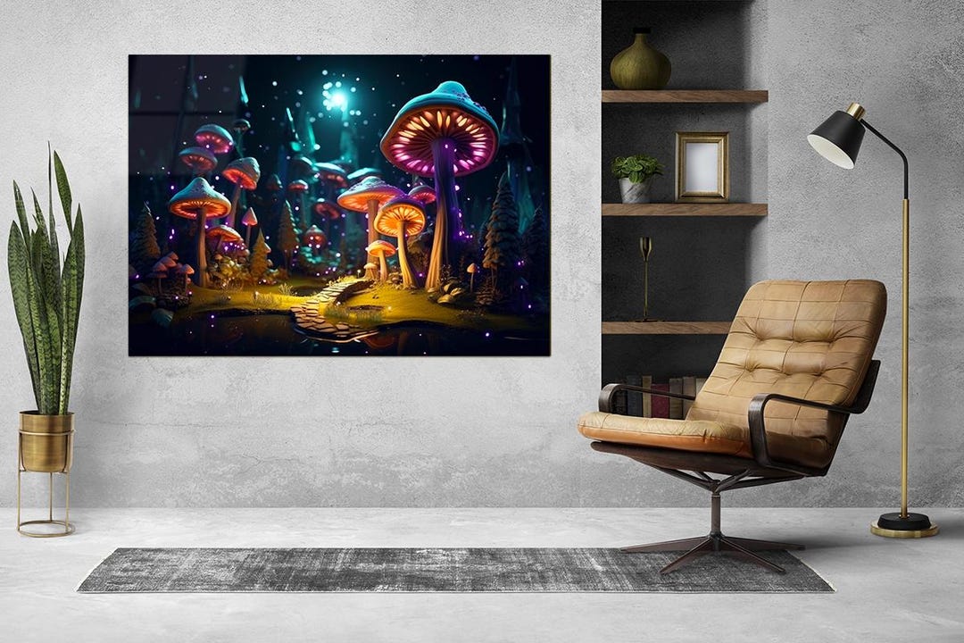 Glowing Mushroom Forest Tempered Glass Wall Art – Surreal Fantasy Decor ...