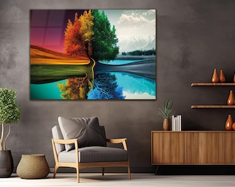 Arte mural del árbol de la vida en vidrio templado: decoración abstracta de las cuatro estaciones
