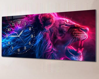咆哮するネオンライオンの壁掛け時計：強化ガラス製動物アート作品 