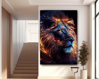May include: A large canvas print of a lion's head, rendered in a digital art style. The lion's mane is a vibrant mix of orange and gold, with a dark blue face and glowing yellow eyes. The artwork is displayed in a modern interior setting.