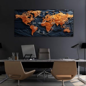 May include: A large wall clock featuring a world map design. The clock face is a detailed map with wooden continents in shades of brown against a dark blue background. Roman numerals mark the hours.