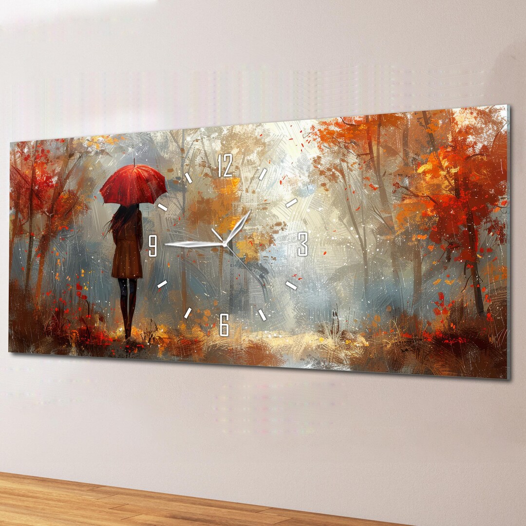 Clocks Raining Autumn Rain Forest Wall Clock, Woman Red Umbrella Tempered Glass Art - Etsy