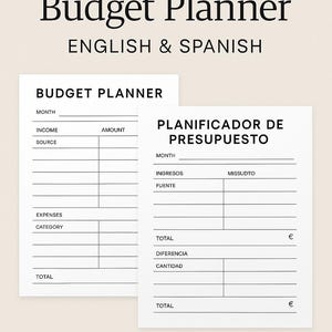 Può includere: Pianificatore di budget stampabile in inglese e spagnolo. Il design presenta due fogli con sezioni per entrate, spese e totali. Il testo "Budget Planner" e "Planificador de Presupuesto" è visibile.