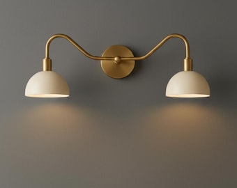 Double Brass Wall Sconce with Opal Glass Shades | Modern Bathroom Vanity Light | Mid Century Walls Lamp | Luxury Bras Wall Lighting