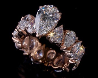 3CT Pear Shape Lab Grown Diamond Ring with 50 Pointer Pear Eternity Band, VS+ E/F Color, 925 Silver / Solid Gold