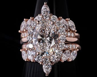 4.5 CT Oval Lab Grown Diamond Bridal Set | 6.66 CTTW Diamonds | E-F Color VS+ | Flushed Halo | Matching Wedding Bands