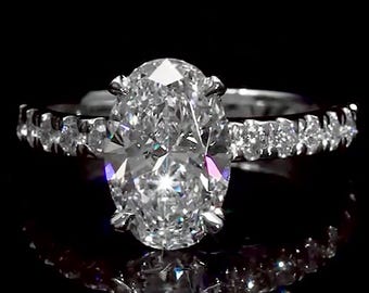 2 CT Oval Lab Grown Diamond Engagement Ring, Hidden Halo Ring, IGI Certified E/F VS+ Diamond, Pave Band
