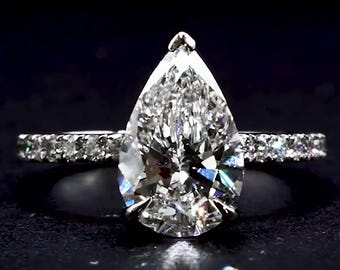 3 CT Pear Lab Grown Diamond Engagement Ring, Hidden Halo Ring, IGI Certified E/F VS+ Diamond, Pave Band