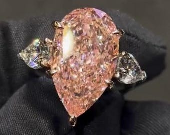 Fancy Pink Pear Lab Diamond Engagement Ring, 11 CT Center Stone with Pear Side Diamonds, Luxury Three Stone Bridal Ring
