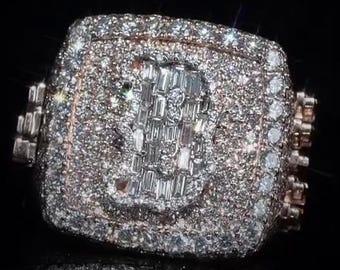 Custom Iced Out Championship Ring, Initial Letter Ring, Lab Grown Diamond VVS VS, 925 Sterling Silver, Custom Side Letters Ring