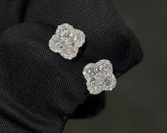 10K White Gold Diamond Clover Stud Earrings: 1.4ct Lab Grown VVS-VS