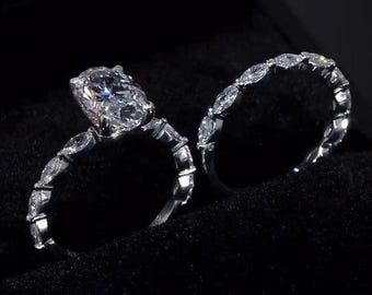 2.5CT IGI Oval Lab Grown Diamond Bridal Set | Hidden Halo Engagement Ring | Marquise Wedding Band | VS+ E/F