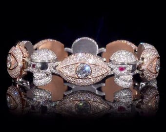 Two-Tone Lab-Grown Diamond Evil Eye and Skull Link Bracelet