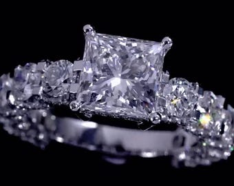 2.5 CT Princess Cut Lab Grown Diamond Engagement Ring | VS+ E/F Color | 3D Pave set Semi Eternity Band | 925 Silver / Solid Gold