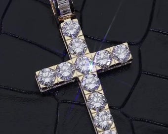 Lab Grown Diamond Cross Pendant, 50 Pointers VS+ Round Stones, Baguette Sides, Iced Out Cross, 925 Silver Hip Hop Pendant, Luxury Gift