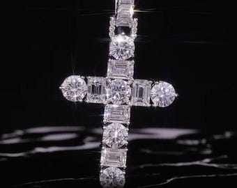Certified Lab Grown Diamond Cross Pendant,  13cttw D-F Color VVS Diamonds,  Round and Emerald Cuts, Available in 925 Silver / Solid 10K Gold