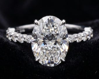4CT Oval Lab Grown Diamond Engagement Ring, Hidden Halo, Alternate Marquise & Round Diamond Band, Custom Bridal Ring