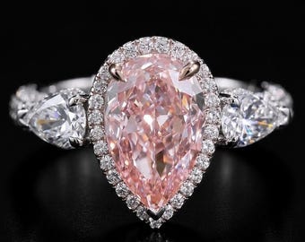 3.2CT Fancy Pink Lab Grown Diamond Engagement Ring, Pear Side Stones, White Diamond Halo, Three Stone Bridal Ring