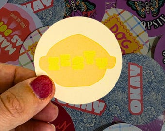 May include: A selection of circular stickers in various designs. One sticker shows a yellow lemon with the word "Zest". Other stickers feature text such as "Dog Mom" and "Okay", along with butterfly and floral patterns.