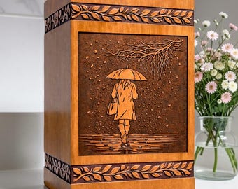 Hand-Engraved Wooden Urn, Rainy Day Memorial Keepsake Box