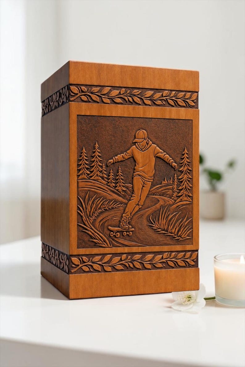 May include: A rectangular wooden cremation urn featuring a carved relief panel on the front. The carving depicts a person riding a skateboard on a winding path through a forest of pine trees. The top and bottom edges have a decorative leaf border.