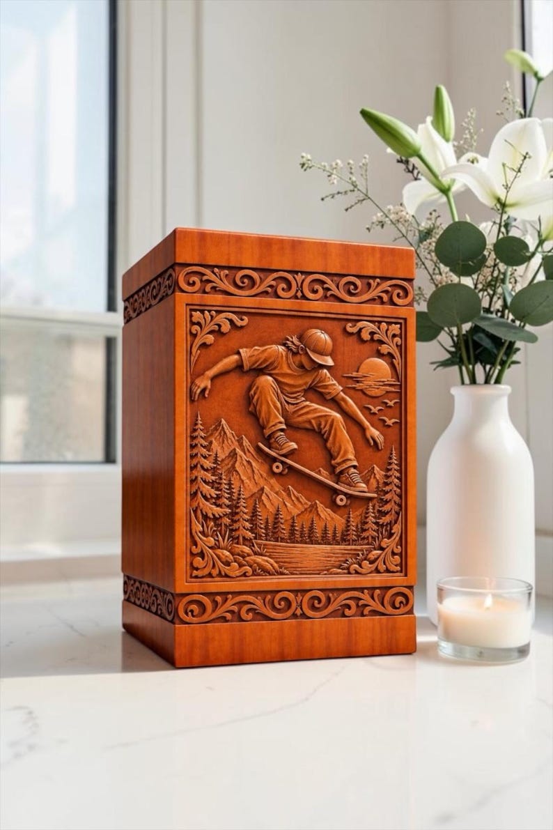 May include: A rectangular wooden urn featuring a detailed relief carving of a person skateboarding over a landscape with mountains, pine trees, and a setting sun. The top and bottom borders are decorated with intricate scrolling patterns.