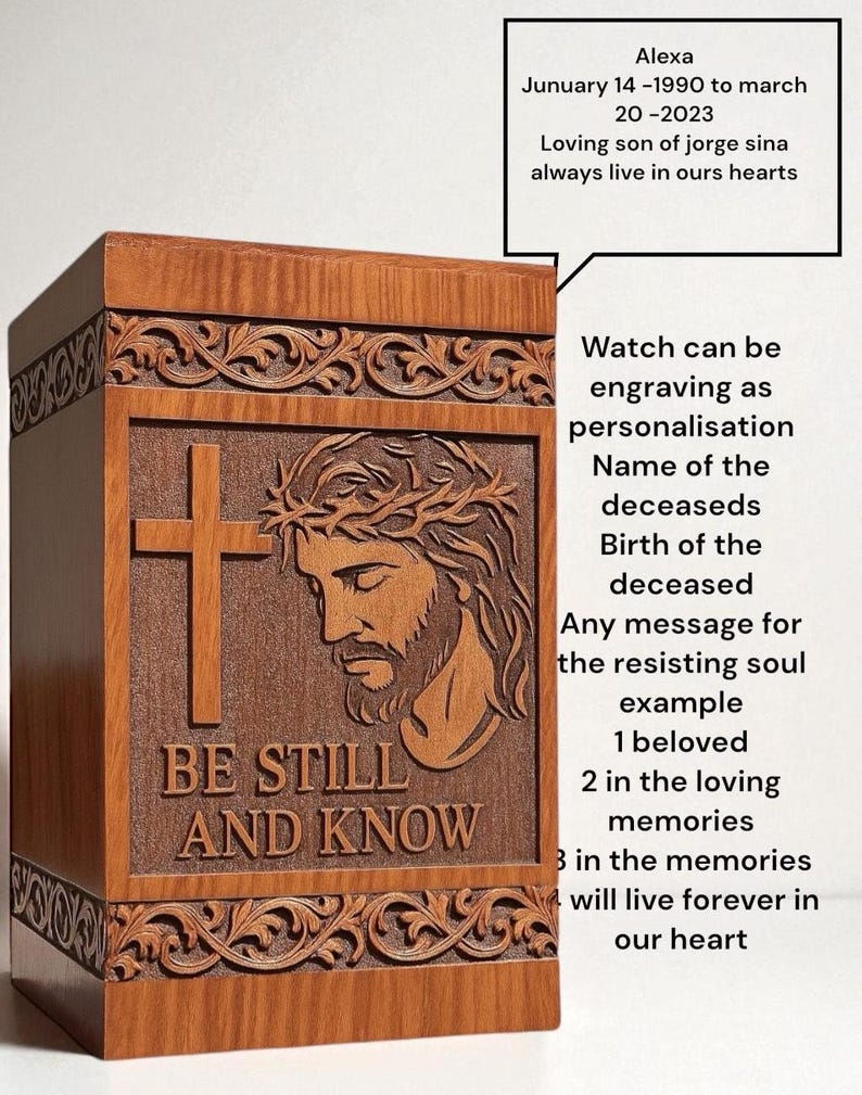 Side angle of handcrafted wooden memorial urn with floral carved border and elegant grain pattern. This religious cremation urn combines faith-inspired art and high-quality wood craftsmanship. Ideal for families seeking a personalized, faith-based urn for adult ashes. Timeless design suits any memorial space or home décor.