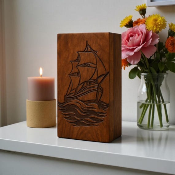 Engraved Wooden Urn Box • Nautical Sailing Ship Cremation Keepsake