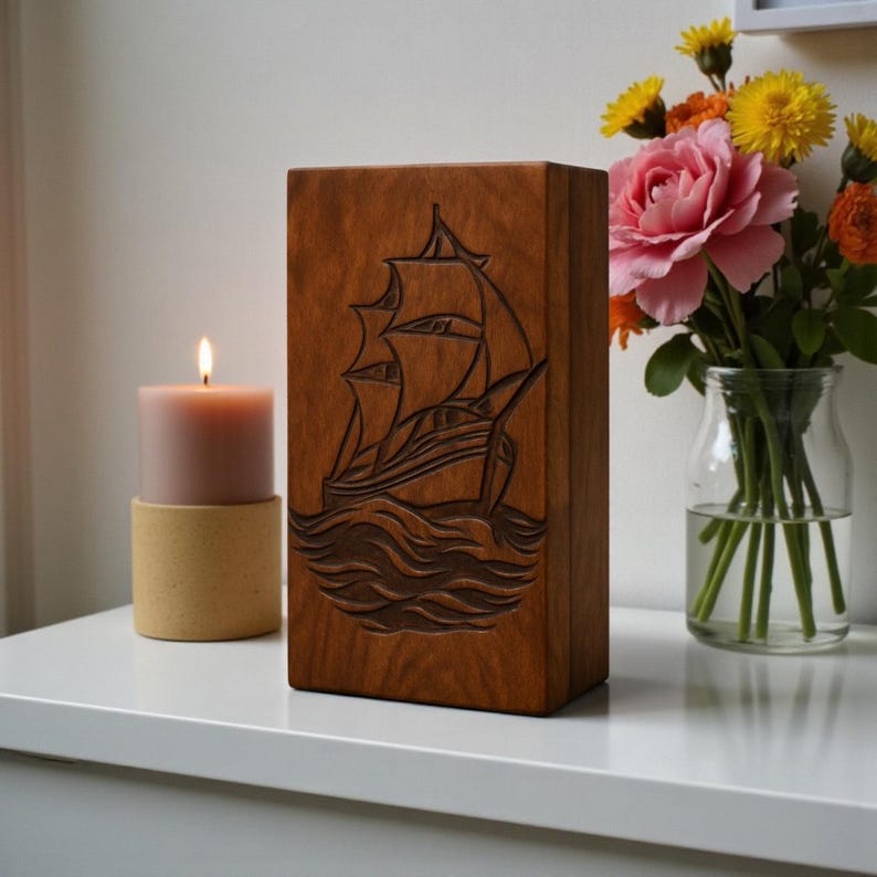 A beautifully handcrafted wooden urn box featuring a deeply engraved sailing ship design. The smooth polished finish, rich wood grain, and nautical artwork create a meaningful memorial for a loved one. Ideal for ashes storage, remembrance displays, or ocean-themed tributes. Personalized engraving available for names, dates, or messages.