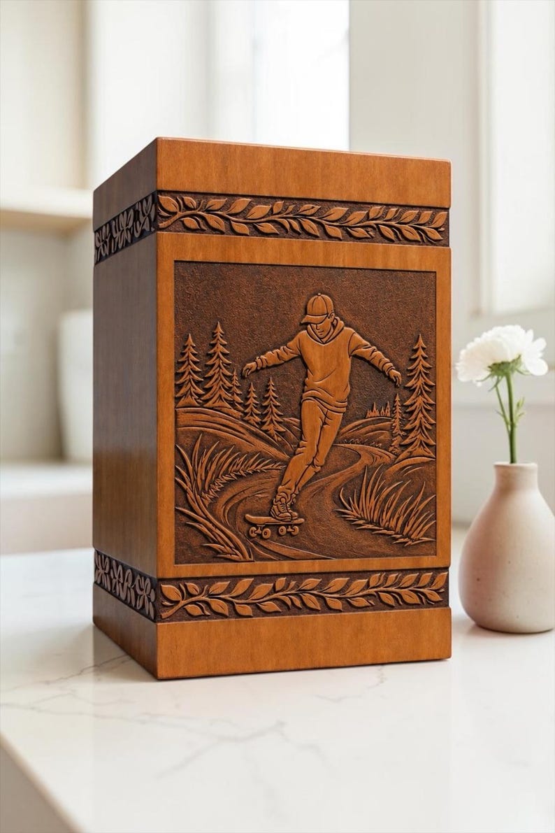 May include: A rectangular wooden urn with a medium brown finish. The front panel features a carved relief of a person skateboarding on a path through a forest of pine trees. The top and bottom borders are decorated with a carved leaf pattern.