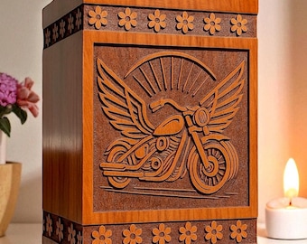 Urna funeraria de madera hecha a mano con diseño de motocicleta alada.