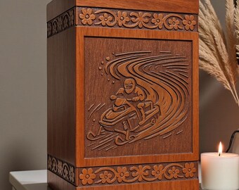 Snowmobile Engraved Wooden Urn Box – Handcrafted Memorial Keepsake for Ashes