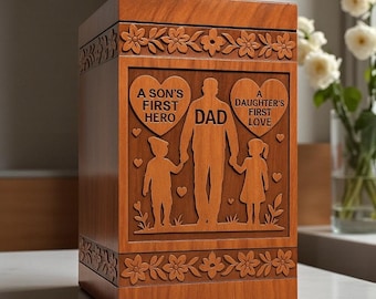 Personalized Wooden Dad Memorial Urn Box, Engraved Silhouette