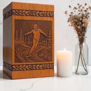 May include: A rectangular wooden urn featuring a carved relief panel of a person skateboarding on a path through a forest. The urn has decorative leaf-patterned borders at the top and bottom edges, showcasing a natural wood grain finish.