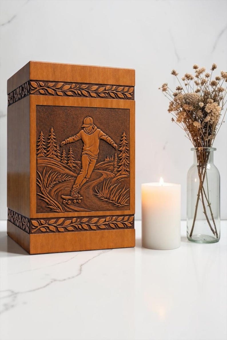 May include: A rectangular wooden urn featuring a carved relief panel of a person skateboarding on a path through a forest. The urn has decorative leaf-patterned borders at the top and bottom edges, showcasing a natural wood grain finish.