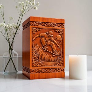 May include: A rectangular wooden urn with a warm brown finish, featuring a detailed relief carving on the front panel. The carving depicts a person on a skateboard jumping over a mountain landscape with pine trees, a lake, and a sun.