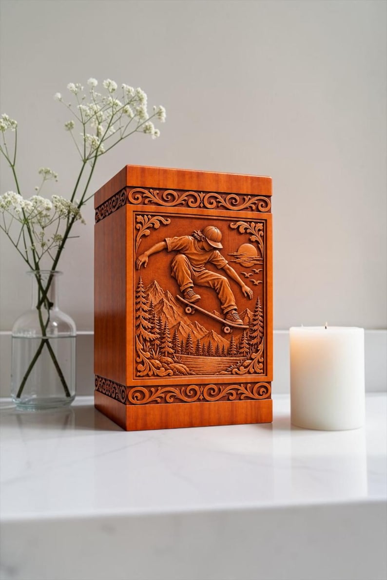 May include: A rectangular wooden urn with a warm brown finish, featuring a detailed relief carving on the front panel. The carving depicts a person on a skateboard jumping over a mountain landscape with pine trees, a lake, and a sun.