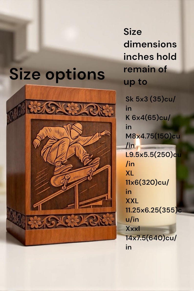 Custom engraved wooden urn box for cremation ashes with skateboard design, decorative carved borders, smooth brown finish, placed beside candle and flower vase for peaceful memorial setting.