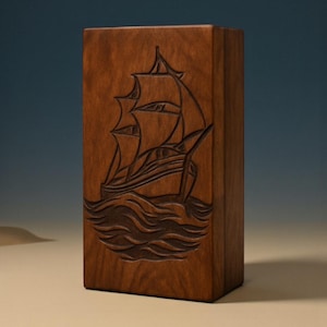 Beautifully engraved wooden urn box with a nautical sailboat design. The smooth finish and deep carving make it an ideal memorial keepsake. Designed to securely hold ashes and customizable with personal details to create a heartfelt tribute.
