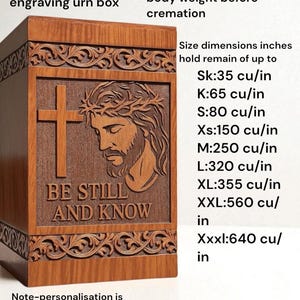 Top view of premium wooden urn box showing smooth polish and engraved scripture “Be Still and Know.” Solid wood craftsmanship with detailed cross and Jesus carving reflects artistry and faith. A perfect Christian keepsake urn symbolizing peace, hope, and eternal rest. Suitable for human ashes or family memorial use.