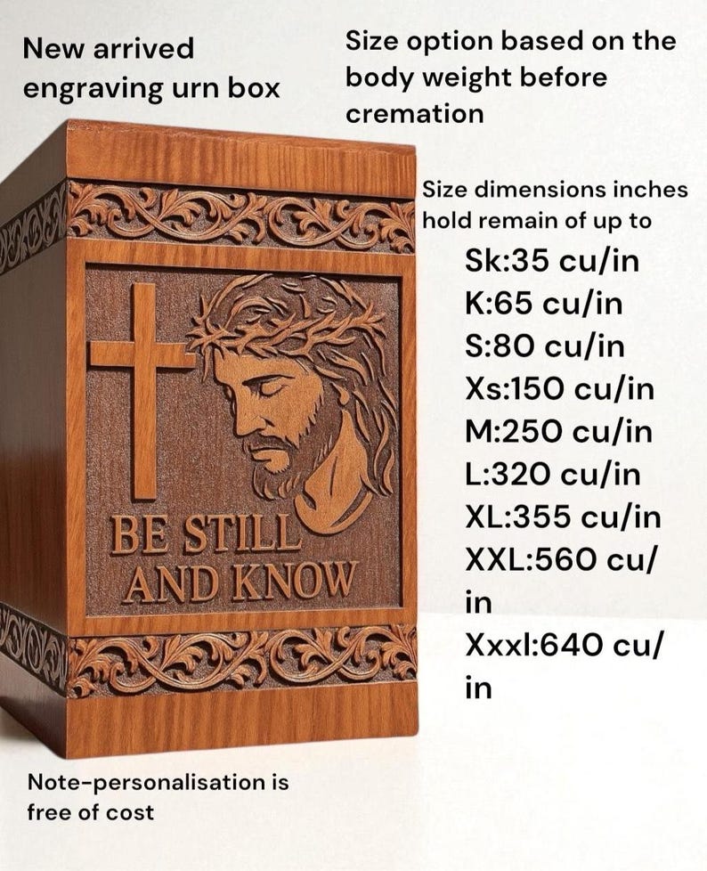 Top view of premium wooden urn box showing smooth polish and engraved scripture “Be Still and Know.” Solid wood craftsmanship with detailed cross and Jesus carving reflects artistry and faith. A perfect Christian keepsake urn symbolizing peace, hope, and eternal rest. Suitable for human ashes or family memorial use.