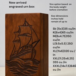 Custom wooden urn box showcasing a detailed engraved sailing ship. Smoothly finished with secure bottom screws for safe ashes storage. Suitable for ocean lovers or those who enjoyed travel. Personalized engraving available for memorial details.

12.