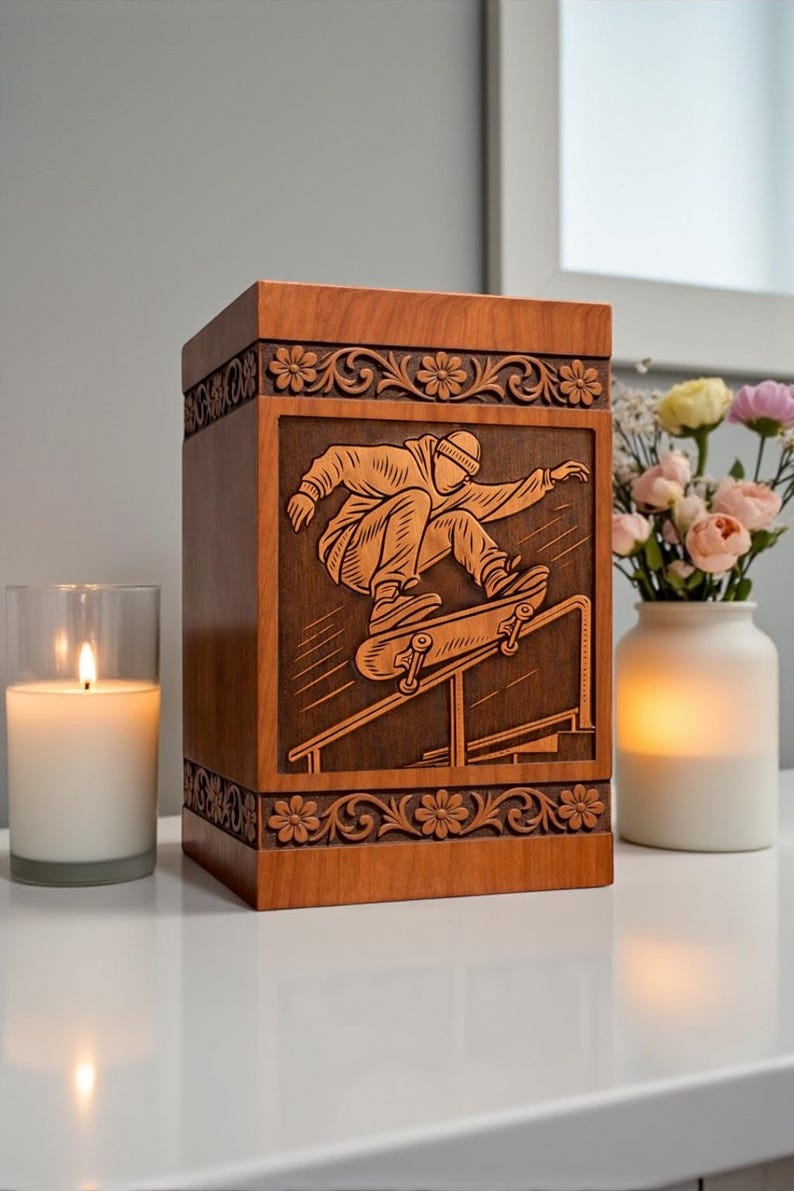 Handcrafted wooden urn box with detailed skateboard engraved design, featuring floral carved borders, polished brown finish, and secure lid, displayed on a white shelf beside a candle and flowers, perfect as a personalized memorial keepsake for ashes.