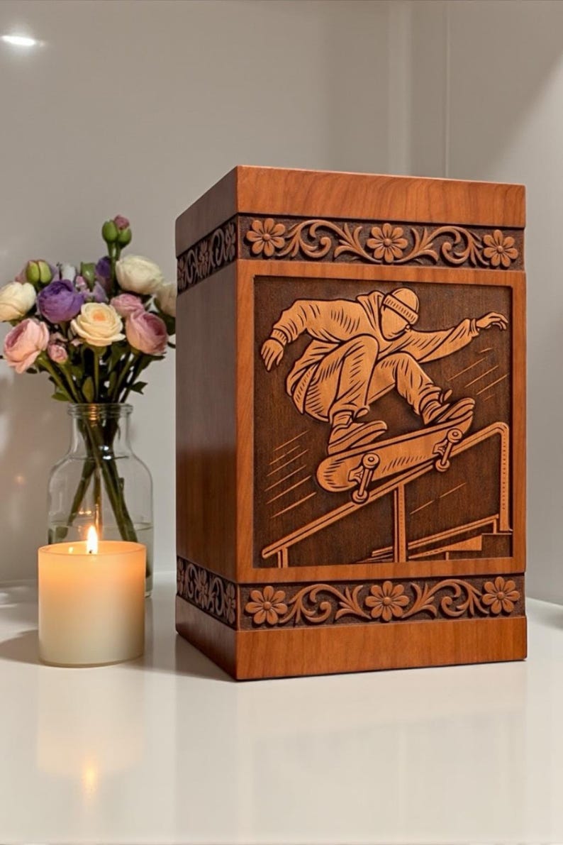 Personalized cremation urn box made from natural wood, featuring skateboard rider engraving, traditional floral borders, elegant finish, and memorial decor arrangement with candle.
