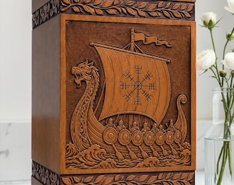 Handcrafted Viking Wooden Urn, Norse Longship Memorial Box, Personalized Keepsake