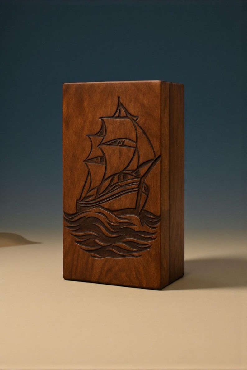 Memorial wooden urn box with detailed sailboat engraving, handcrafted for elegance and durability. The natural wood grain and artistic ship carving create a peaceful tribute. Custom engraving available for personalization, making it a unique remembrance gift.