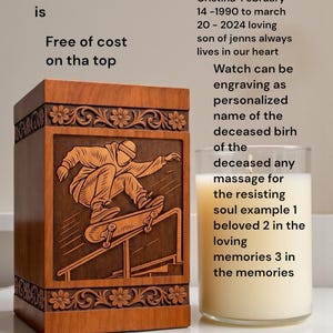Handmade wooden urn keepsake box featuring skateboard rider engraving, premium quality wood, artistic floral details, secure lid closure, and elegant home memorial display setup.
