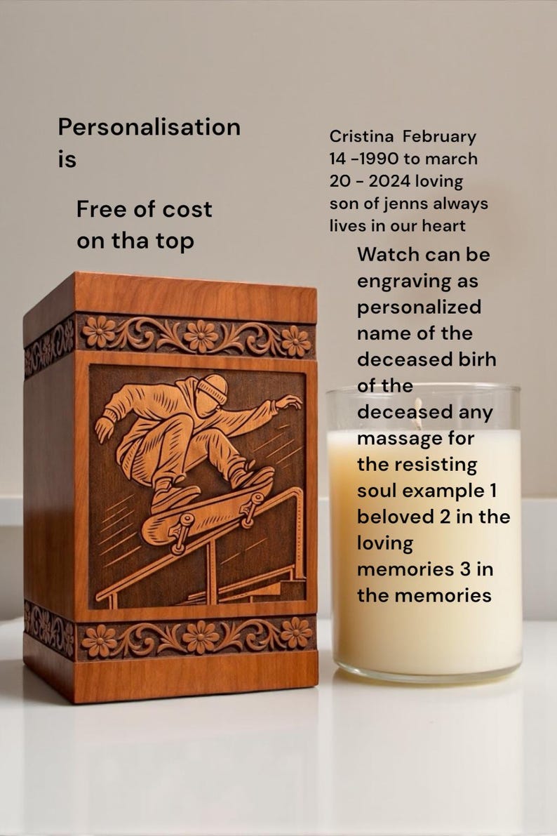 Handmade wooden urn keepsake box featuring skateboard rider engraving, premium quality wood, artistic floral details, secure lid closure, and elegant home memorial display setup.
