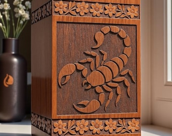 Handcrafted Wooden Cremation Urn Box | Engraved Scorpion & Floral Design