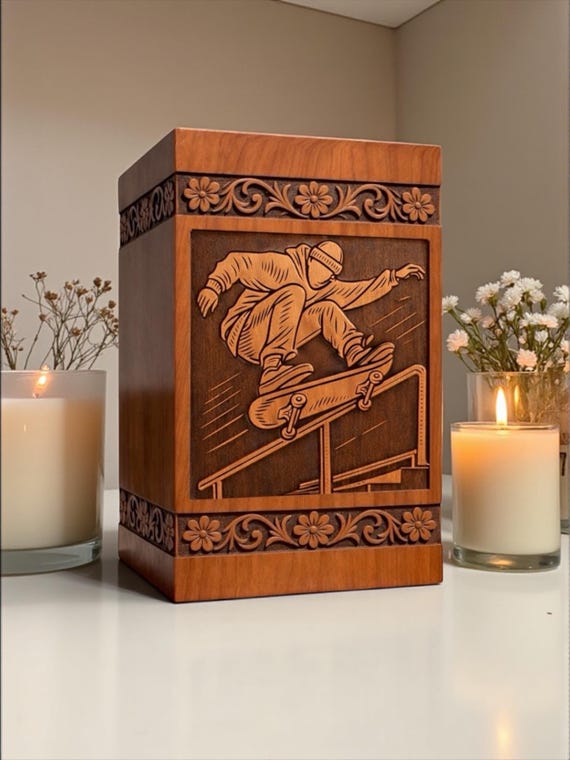 Handmade Wooden Urn Box for Ashes | Skateboard Engraved Memorial | Custom Sympathy Gift